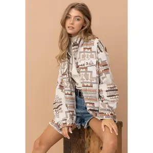Aztec Western Fabric Jacket with Collar for Women