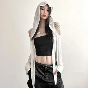 Y2K Hollow Knit Cold Shoulder Hooded Cardigan, Open Front Long Sleeve Mesh Cover Up