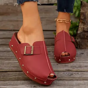 Women'sComfortableWedgeSandals-Open-Toe,Slip-OnClogswithBuckleStraps,StuddedSole,CasualSummerPlatformShoesinBeige,Red,Black,orTan