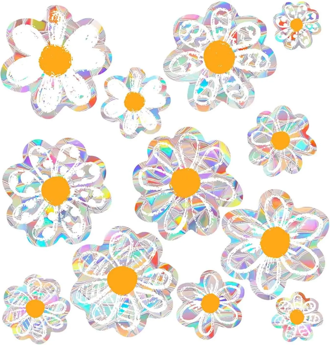 12pcs Spring Summer Daisy Window Stickers Double-Side Shiny Rainbow Prism Anti Collision Reusable Window Clings for Mirror Glass Display Shop Office School Supplies