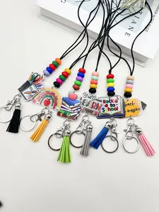 Rainbow Beaded Teacher Lanyard with Acrylic Stationery Charm & Tassel Keychain, Stationery Theme Colorful Back to School Gift for Educators, Gift for Teachers