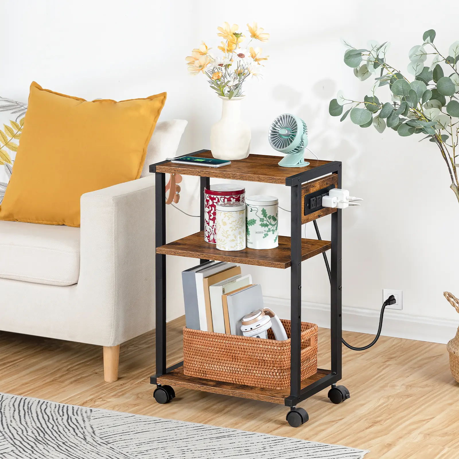 HOOBRO Industrial Printer Stand with Charging Station, 3-Tier Printer Table, Rolling Printer Cart with Adjustable Shelf and Hook, Rustic Brown & Black #SummerVibes