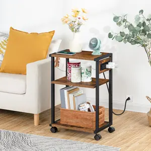 HOOBRO Industrial Printer Stand with Charging Station, 3-Tier Printer Table, Rolling Printer Cart with Adjustable Shelf and Hook, Rustic Brown & Black#SpringSale #BigSpringSale