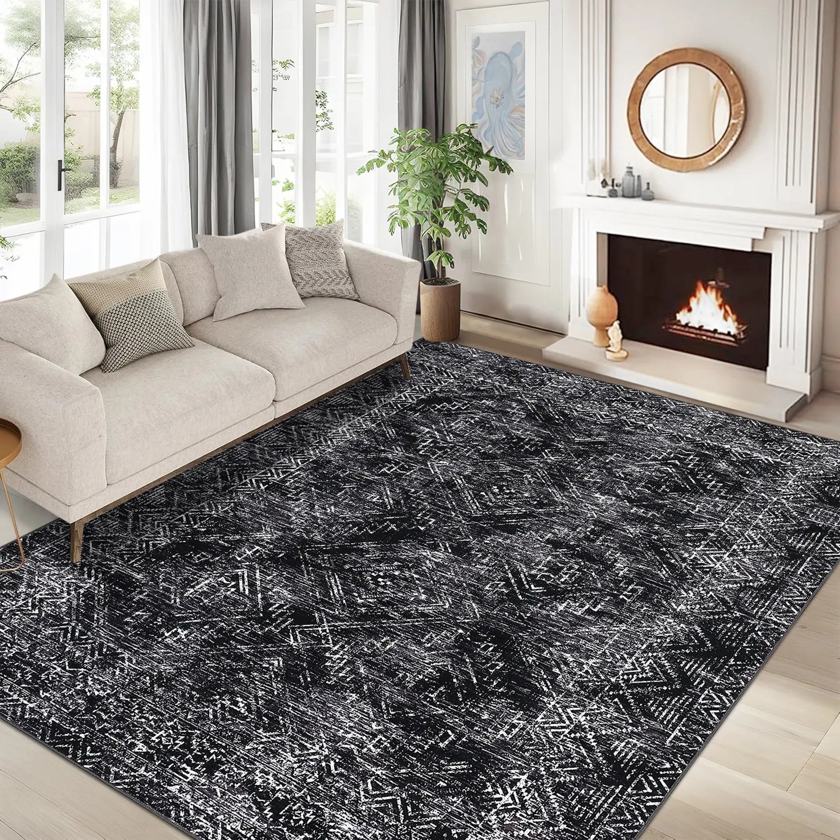 Washable Geometric Area Rugs for Living Room, Non-Slip Backing Washable Geometric Rug, Modern Abstract Area Rug, Low Pile Ultra Thin Stain Resistant Rugs for Bedroom, Soft Large Area Rugs for Dining Room Kitchen