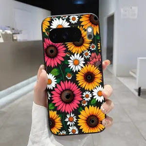 Rounded Edge Phone Case for Google Pixel 10 9 8 7 Pro A XL Warm Sunflowers Pattern Full Body Protection Shockproof Soft Liquid Silicone Cover Cellphone Protective