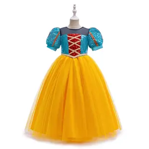 7-12Y Yellow 012 Cartoon Cosplay Costume Fancy Carnival Kids Puff Sleeve Sequins Mesh Clothes Performance Princess Theme Party Holiday Girls Long Ball Gown Children Cocktail Dress