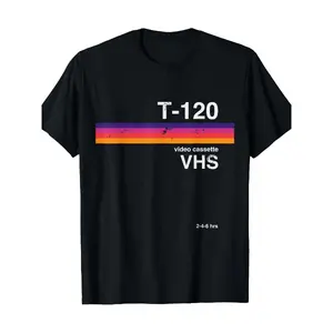 Retro VHS Tape Graphic T-Shirt - 80s 90s Nostalgic Design, 220g 100% Cotton, Black with Colorful Stripes, Regular Fit, Short Sleeve, Casual Wear for Men, Vintage T Shirts