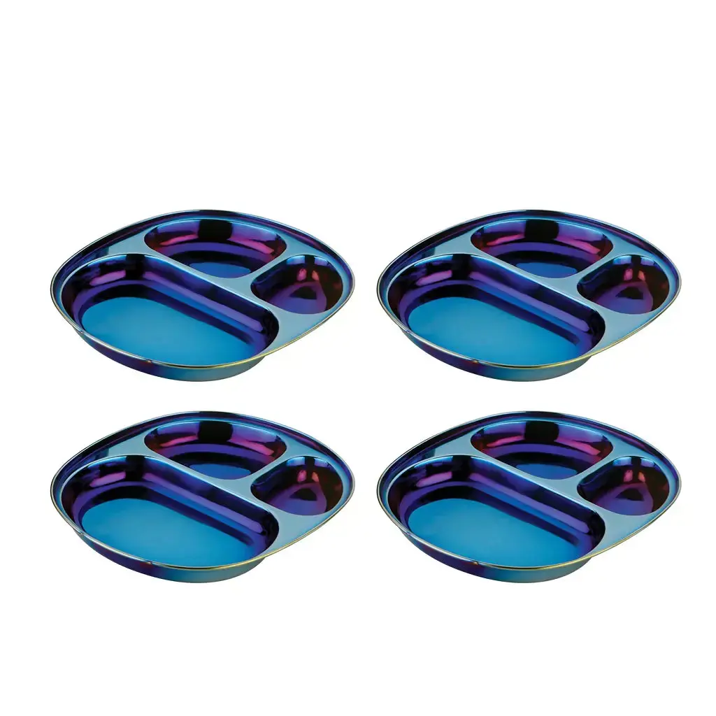 Ahimsa Stainless Steel Balanced Bites Divided Plates (Set of 4) for Kids and Toddlers in Iridescent Blue
