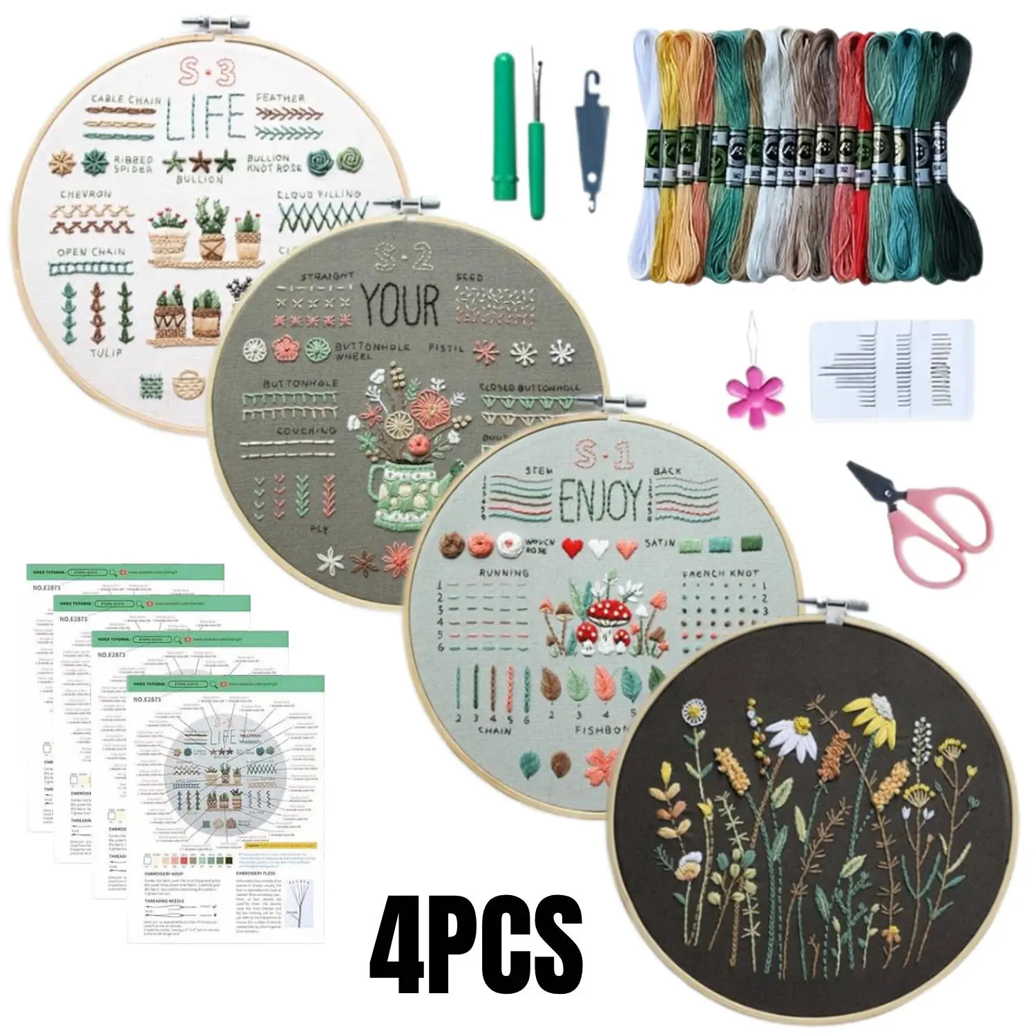 4-Pack Embroidery Kit for Adult Beginners, 33-Stitch Practice Samplers, Pre-Stamped Patterns, 7.8-Inch Hoop, Threads & Needles, Step-by-Step Guide & Video, DIY Needlework Craft Gift for Women