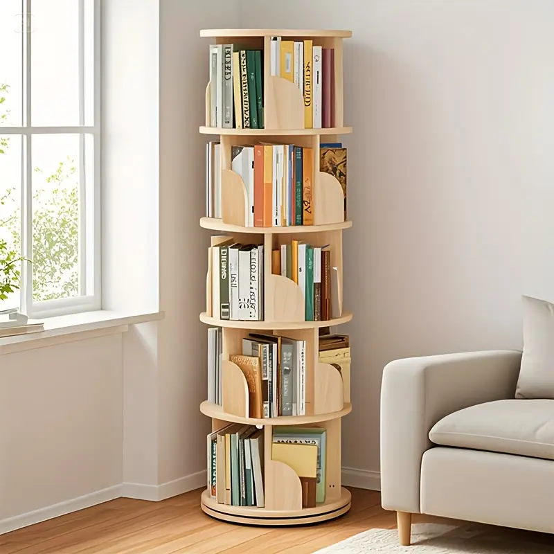 Naviconvex 360° Rotating Wooden Bookshelf Tower - Floor-Mounted, Multi-Layered, Freely Spinning Bookshelf Book Rack, Space-Saving Vertical Storage Organizer for Small Rooms, Books & Toys, Wooden Book Shelf