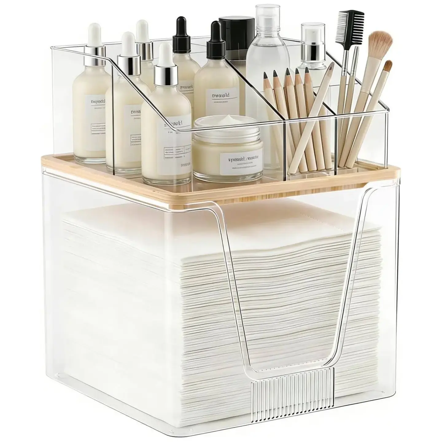 2-Tier Multifunctional Acrylic-Framed Plastic Compartment Organizer with Bamboo Lid - Bathroom Boxes, Countertop Storage Container for Vanity, Disposable Towels, Cosmetics - Dustproof, Waterproof, Stackable Farmhouse Modern Decor Home Caddy