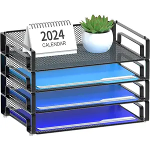 4 Pack Stackable Letter Paper Tray, Desk File Organizer Paper Sorter for Letter/A4 Size Folders Documents, Mesh Made