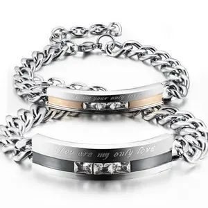 Silver Couple Bracelet Set for Men Women, Engraved Love Bar Chain Bracelets with Crystal Detail, Matching Relationship Jewelry Gift for Lovers Daily Wear