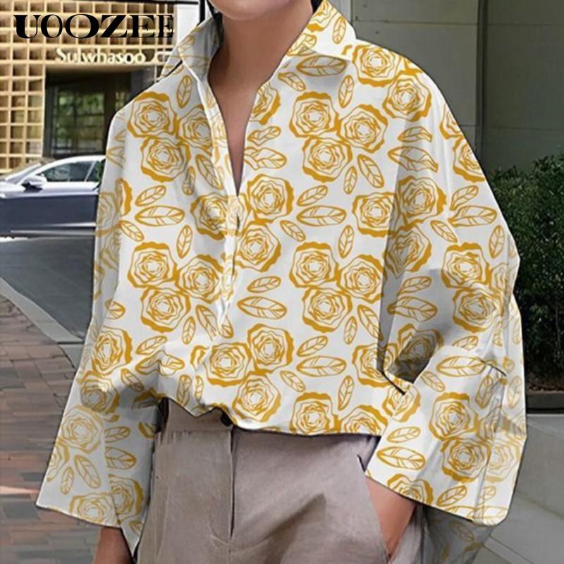 UOOZEE Women's  Loose Oversized Fit Multi-Colored Lapel Shirt Tops for all seasons loose and simple Polyester oversized versatile commuting suitable for a variety of occasions Collared Longsleeves cute fall outfits going tops office outfits  Chic  Casual