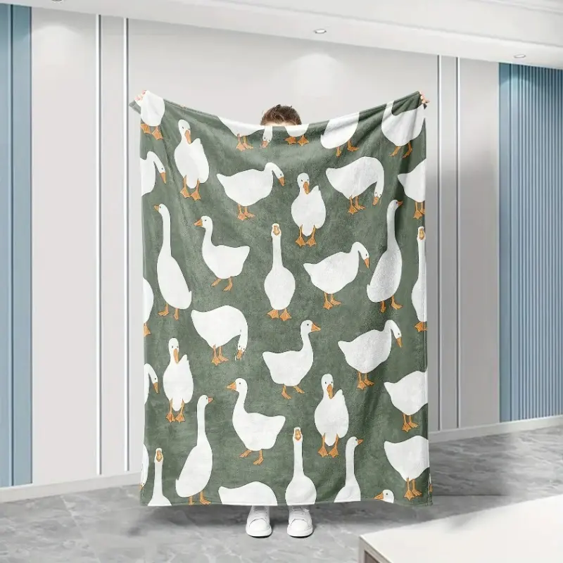 Sage Green Plush Flannel Throw Blanket with Cute White Goose Print, Soft Cozy Warm Fuzzy Animal Character & Bird Motif Blanket for Bedroom Sofa, Ideal Gift for Home Decor Enthusiasts, Animal Character Blankets, Bird Moti