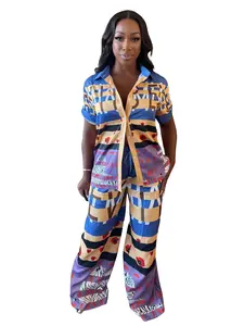 Resort Luxe - Vibrant Geometric Zebra Print Pants Set with Golden Tropic Print Banana Leaves & Bold Flowers in Sun-Drenched Tones