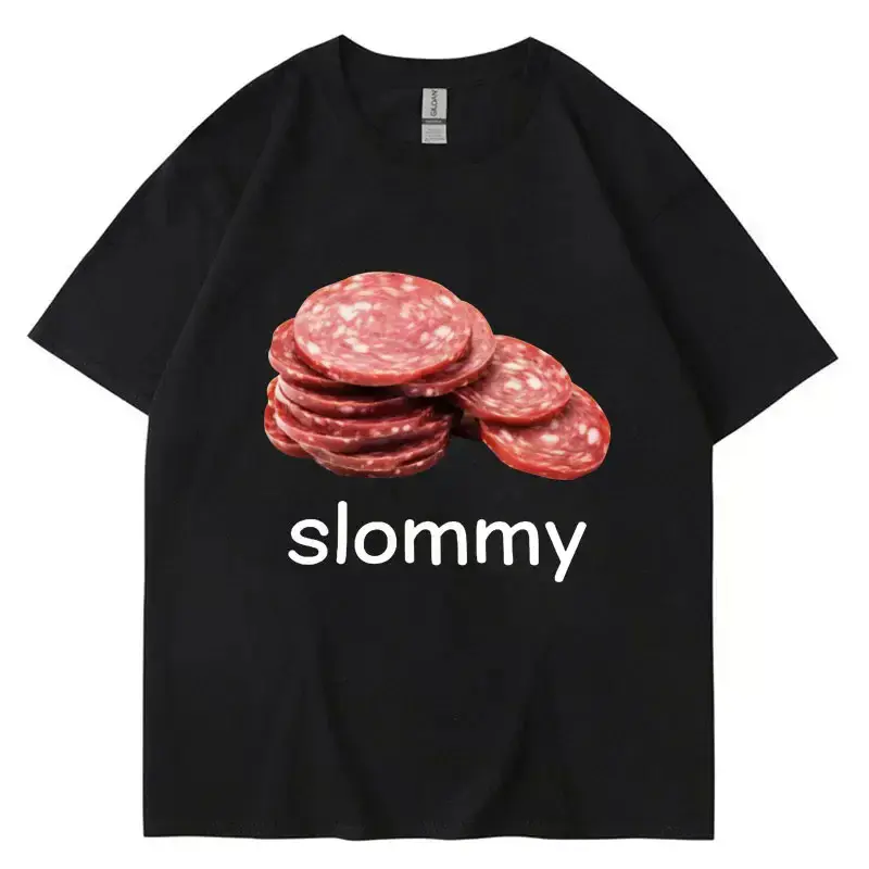 Men's Oversized T-Shirt with "Slommy Salami" Funny Meme Letter Print, Casual O-Neck Polyester Streetwear Top for Summer, Fabric, Menswear