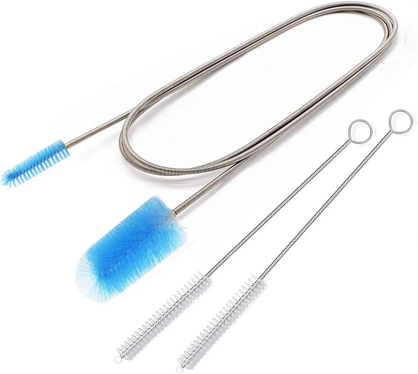 Flexible Nylon Double-Ended Drain Brush Set, 67-in Elastic Hose Pipe Cleaner + 2 Pcs 8.2-in Straw Cleaners (Blue) for Home Supplies Fish Tank Cleaning