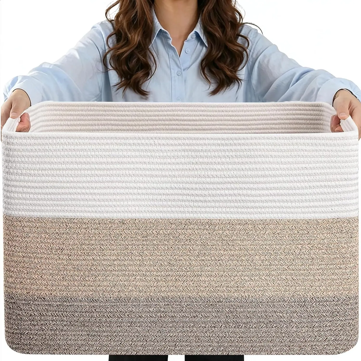 Large Rope Basket for Blankets, Foldable Laundry Basket Woven, Decorative Storage Basket with Handles for Living Room, Bedroom(Brown) sohochic