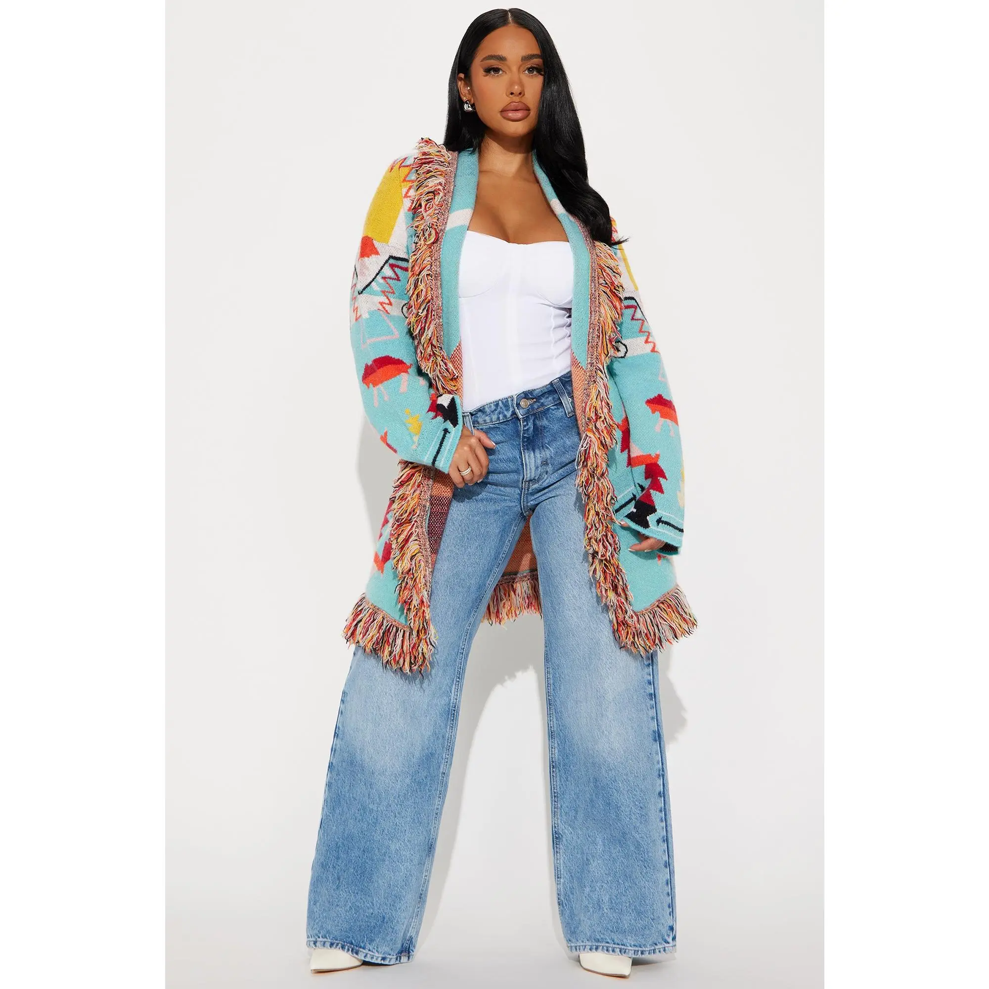 Western Day Fringe Cardigan - Blue/combo