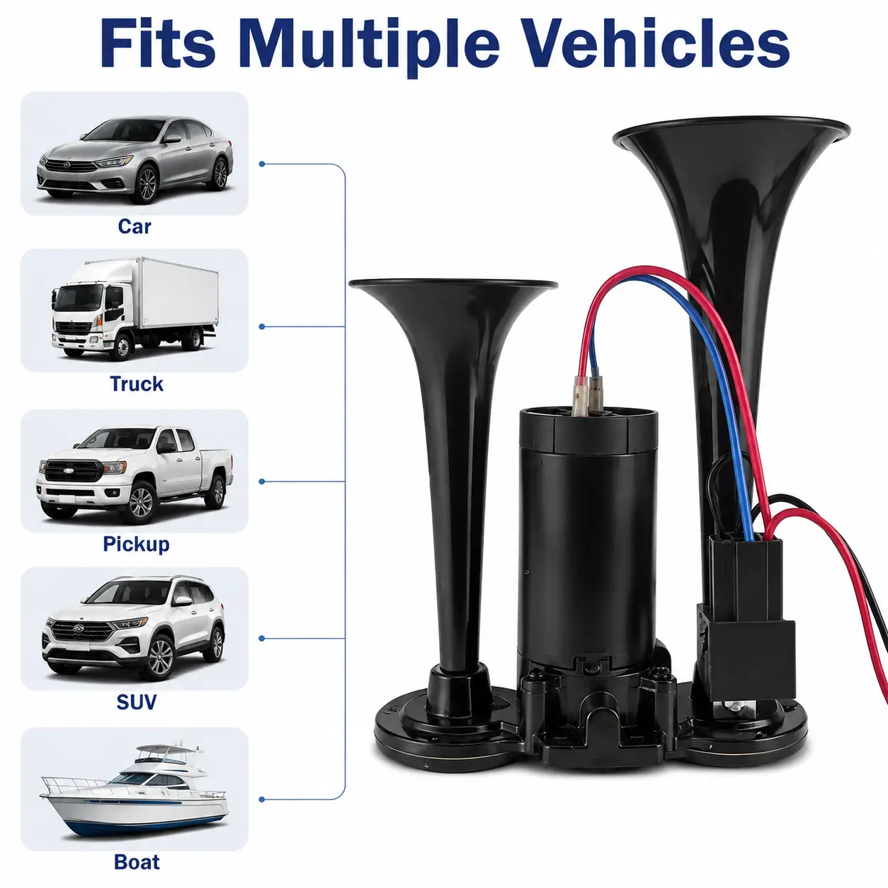12V Universal Car Horn - Suitable for boats/vehicles, high-pitched integrated aluminum alloy dual-tube design, with relay and electric pump, suitable for 12V cars, pickups, motorcycles, and boats, compatible with most 12V vehicles in North America.