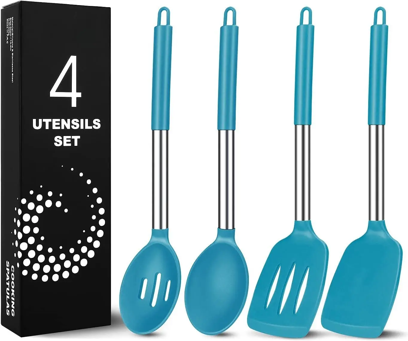 Pack of 4 Large  Cooking Spatulas and Spoons, Slotted and Solid Stainless Steel Cooking Utensils Set, Non-stick Heat Resistant  for Baking, Fried, Stir-Fry, Mixing, Serving (Blue)