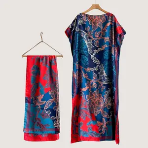 Women's 2-Piece Dress and Scarf Set, Casual Boho Floral Print Polyester Long Dress for Beach Vacation Holiday