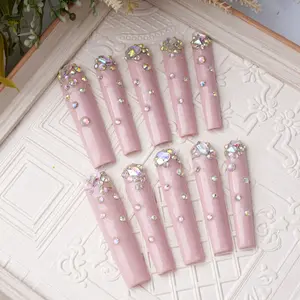 3D Pink Sparkling Diamonds on Pink Extra Long Coffin Press On Nails, Custom Fake/False Manicure, Holiday ,Birthday Gifts