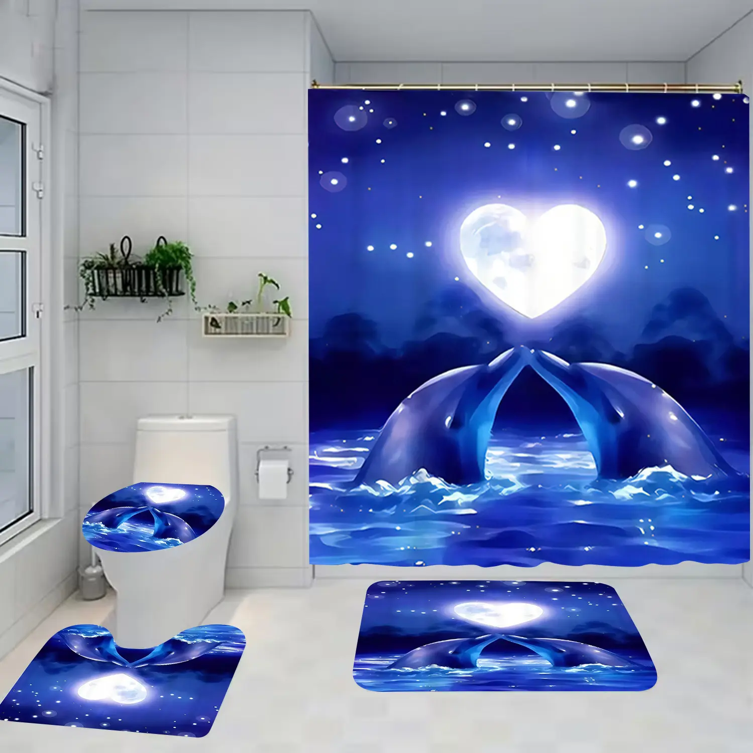 Dolphin Pattern Shower Curtain Set with Rug, Non-Slip Bath Mat, U-Shaped Toilet Lid Cover Pad, Bathroom Decor with Hooks, Restroom Bathroom Accessories