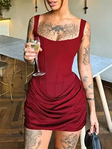Women's Formal Sleeveless Fishbone Slim-Fit Backless Strappy Slip Gown, European-American Style Lady Clothes, Mature Elegant Mini Dress