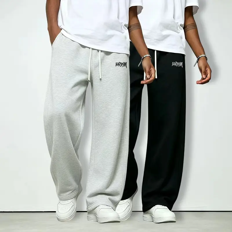 Men’s athletic straight-leg knit pants — solid color, distinctive printed details, soft drawstring, loose long design, comfortable, straight relaxed fit, suitable for street style and casual outings.,clothes for back to school,first day of school outfits