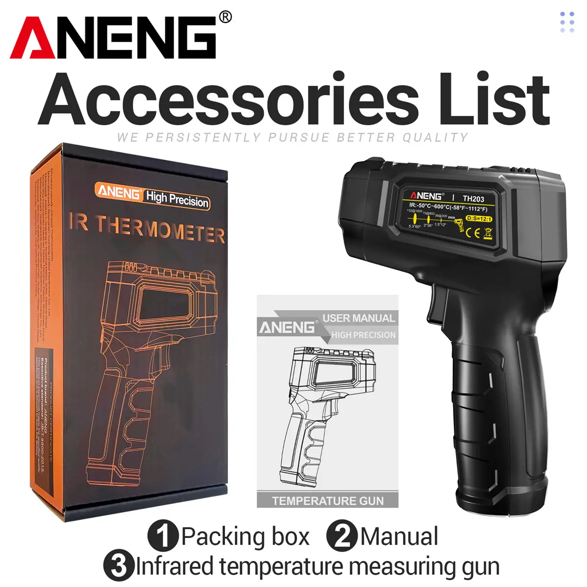 ANENG TH203 Non-Contact Digital Infrared Temperature Thermometer Gun - Adjustable Emissivity, Maximum Value Display, -50°C to 750°C Range - Indoor-Outdoor Measuring Tool for Kitchen, Industry Use