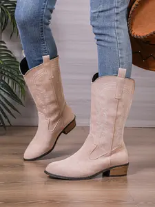 New Women's Retro Western Cowboy Boots, Embroidered Tall Boots, Pointed Toe Thick Heel, Elegant Multi-Functional Design, Fashionable Daily Wear Shoes