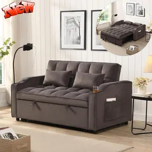 3 in 1 Convertible Sleeper Sofa Couch Bed, Tufted Loveseat Sofa with Pull Out Sleeper Couch Bed and Adjustable Backrest, Living Room Lounge Chaise Convertible Daybed W/USB Ports, Cupholders and Phone Holder, Charcoal Grey