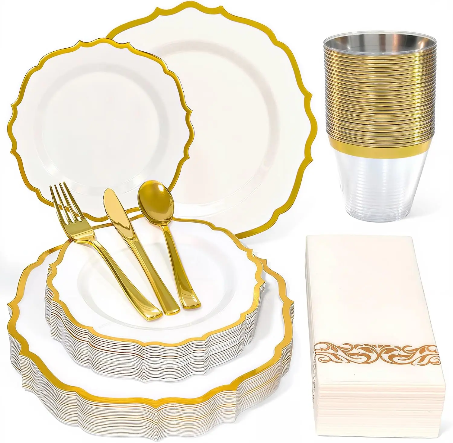 Glowserve 175 Piece Disposable Plastic Plates Dinnerware Set for 25 Guests | 50 Plastic Plates,25 Silverware Set,25 Cups and Napkins,Wedding Birthday,Family Party,Fancy Plastic Plates