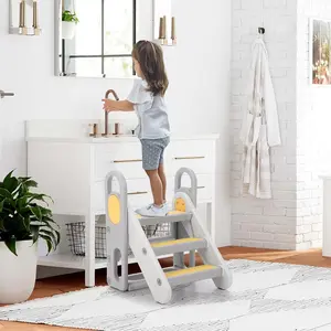 Foldable Toddler Step Stool for Bathroom Sink, Adjustable 3 Steps Ladder for Toddlers with Handles, Folding Nursery Step Stool for Kids Toilet Potty Training, Kitchen Counter Standing Helper, Grey/YELLOW