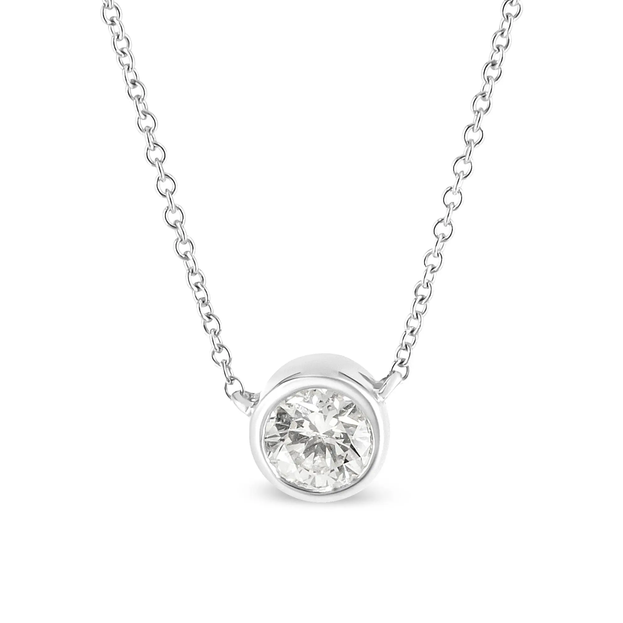 10K White Gold 1/3 Cttw Round Bezel-Set Diamond Solitaire Pendant Neck