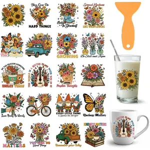 20 Styles Sunflower UV DTF Cup Wraps, 10 Sheets Boho Flower Cup Wraps Decals Inspirational Waterproof Rub on Transfer Stickers for Glass Cups Furniture Decorations