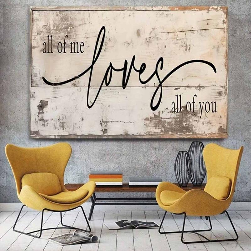 Rustic Farmhouse Style Love Quote Canvas Wall Art Decor, "All Of Me Loves All Of You" Distressed White Wood Plank Print for Bedroom Living Room Home Decoration, Horizontal Sentimental Artwork Gift Ornaments