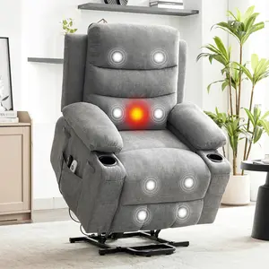 Power Lift Recliner Chair for Elderly,Oversized Electric Lift Chair with Heat and Massage,Corduroy Adjustable Recliner with Cup Holders & Side Pocket,135°Reclining Accent Chairs for Living Room, Gray