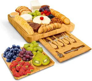 Charcuterie Board Gift Set, Large Bamboo Serving Platter, Cheese Board Set, Perfect for Weddings and Housewarming Gifts.