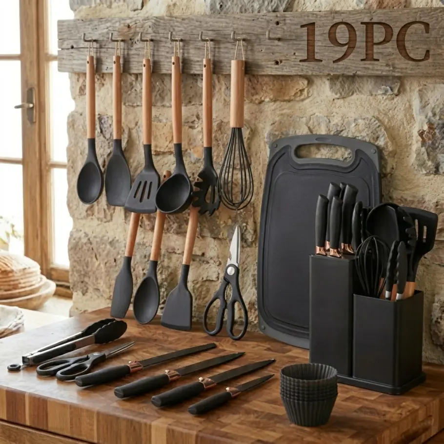 19-piece silicone kitchen tool set with storage rack — heat-resistant cooking tools with faux wood handles, including a knife set and cutting board set for home use Cookware Wooden