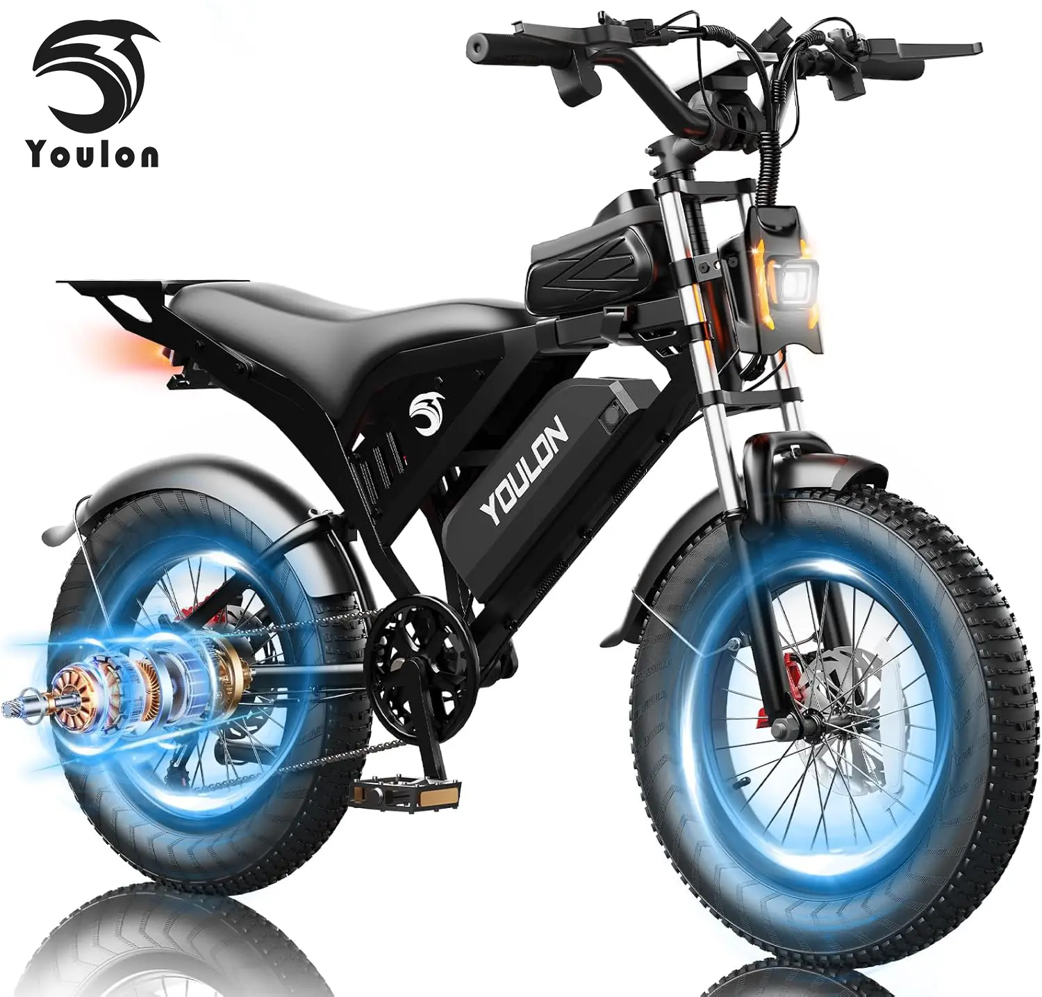 YOULON 20" Fat Tire Electric Bicycle for Adults, 1500W Peak Power, 30MPH High Speed, 48V 23Ah Detachable Battery, Full Suspension, Hydraulic Brakes, 7-Speed Shift System, All-Terrain Off-Road Design for Outdoor Commuting & Adventure
