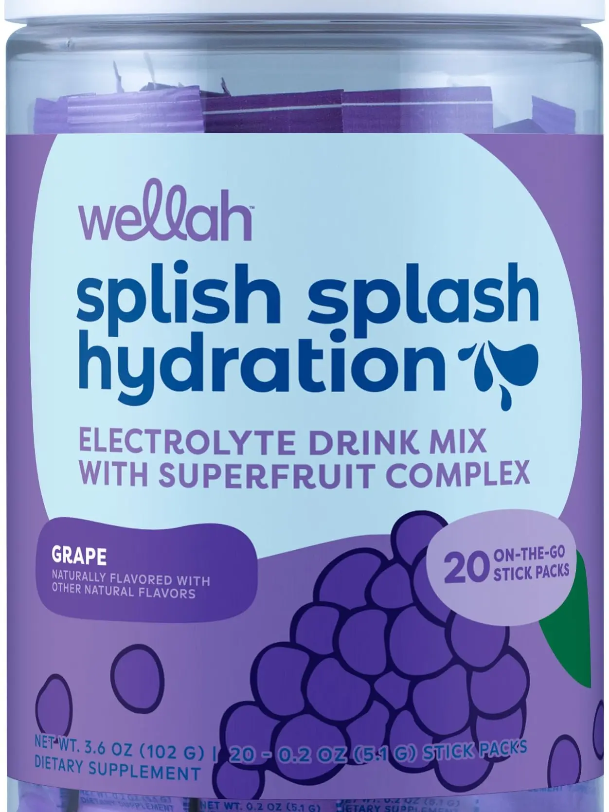 Splish Splash Hydration (Grape Flavor) 20 Stick Packs - Electrolyte Drink Mix with Superfruit Complex
