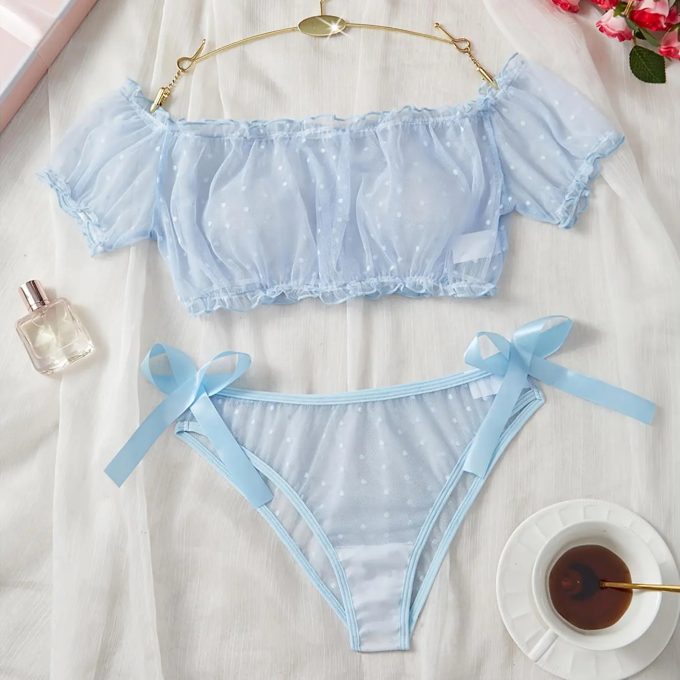 Women's Sexy Bra and Panty Set Ruffle Lingerie Set Mesh Babydoll Chemise