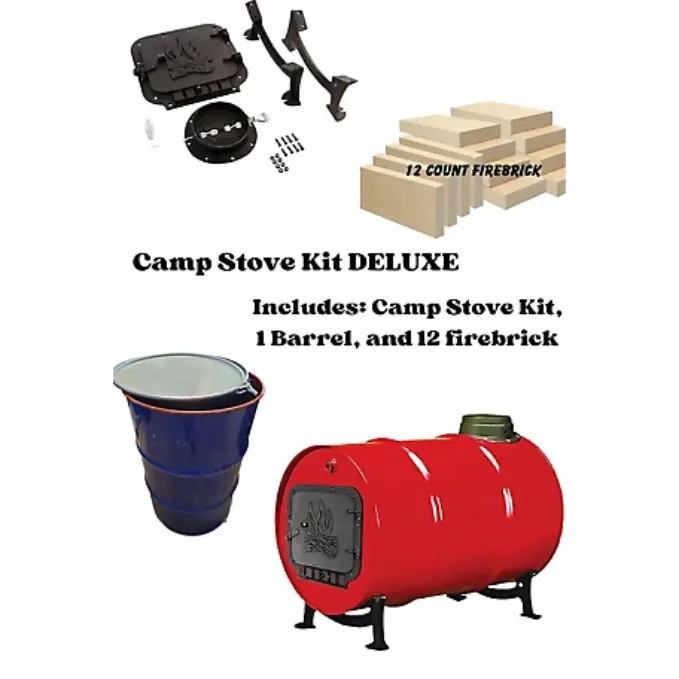 Total Sourcing Concepts CSKDBB55 Eco-Friendly Camp Stove Kit with Cast Iron Barrel, 12 Firebricks, Grills & Pizza Oven-Smoker Functionality