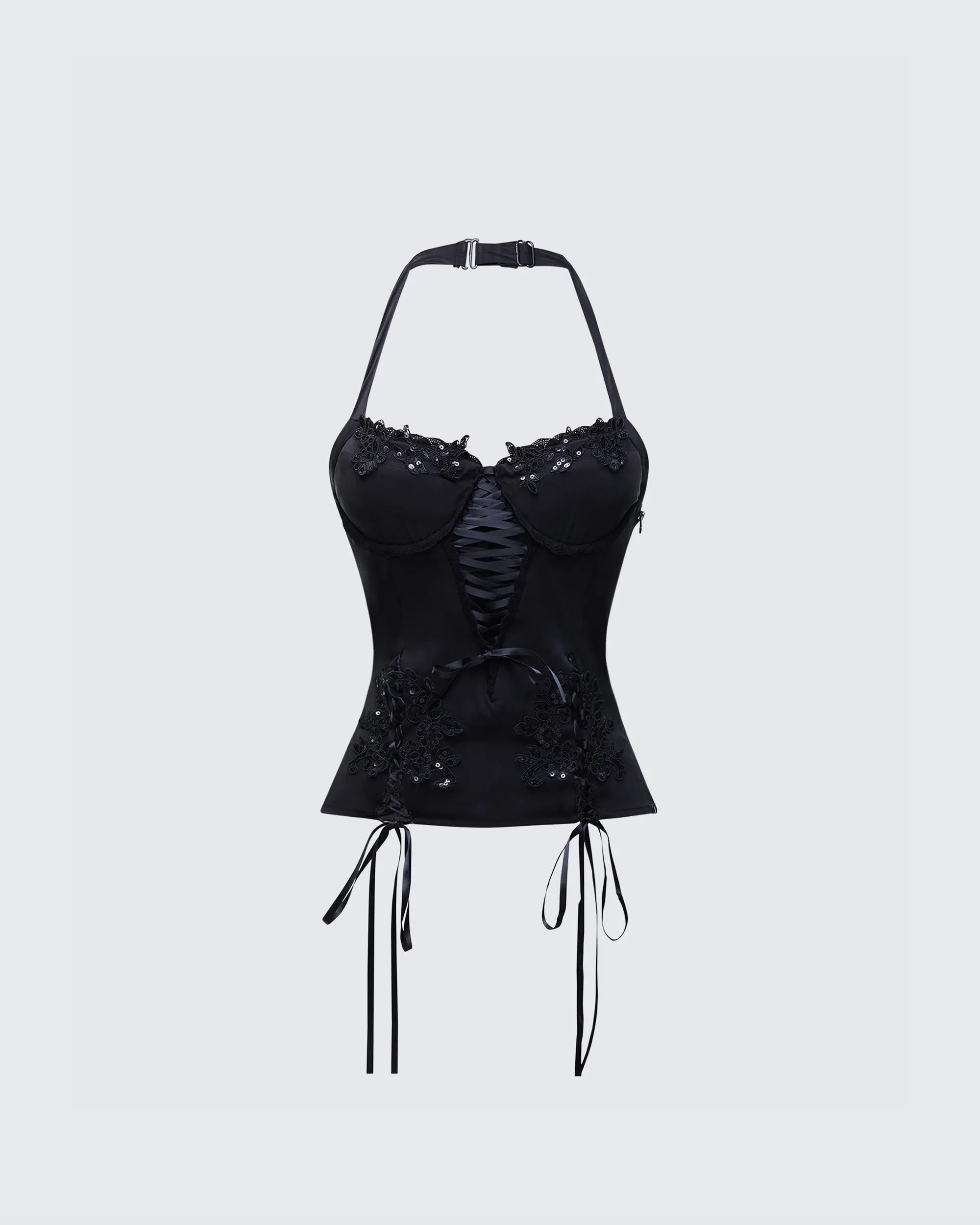 Women's Corset Halter Top with Lace-Up Front and Side Ties, Fitted Design with Lace Trim Neckline for Date Night & Going Out, Halter Neck, Spandex, Buckle