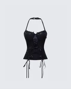 Yelina Black Halter Lace Up Top