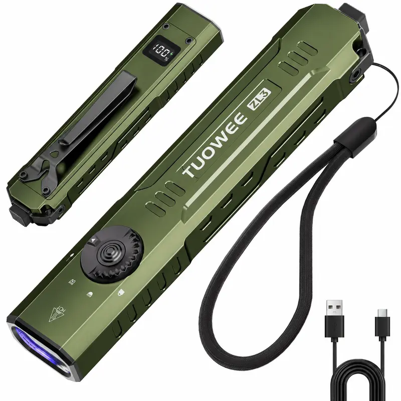 Rechargeable Minimalist EDC High Lumen LED Flashlight - 1000 Lumens, 20W Tactical UV Light, Dual Switches, Digital Display, Waterproof Compact Pocket Battery-Powered for Camping, Hiking