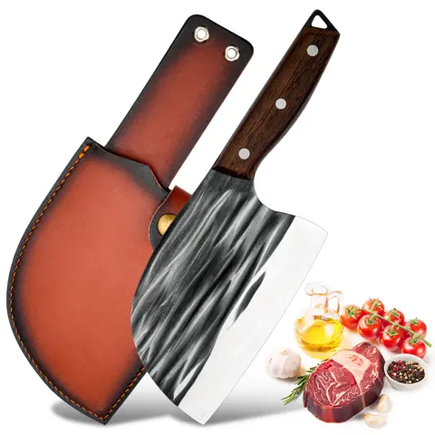 2-Piece Kitchen Knives Set - High-Quality Steel Blades, Durable Wood Handles, Protective Sheaths, Bone-Chop Ready, Easy to Carry, Outdoor Cutting Tool for Meat & Veg, Kitchenware (2-Piece Versatility, Knives Kitchen Set)